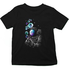 Darkhane Astronot ve Baloncuklar Siyah Unisex Çocuk Tişört T-Shirt