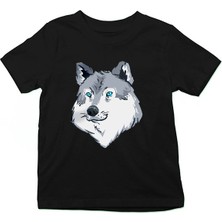 Darkhane Mavi Gözlü Köpek Sibirya Kurdu Husky Haski Siyah Unisex Çocuk Tişört T-Shirt