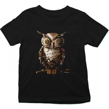 Darkhane Gazete Kağıtlarından Baykuş Siyah Unisex Çocuk Tişört T-Shirt