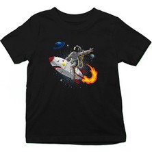 Darkhane Roket ve Astronot Siyah Unisex Çocuk Tişört T-Shirt