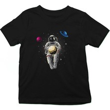 Darkhane Astronot ve Gezegenler Siyah Unisex Çocuk Tişört T-Shirt