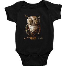 Darkhane Gazete Kağıtlarından Baykuş Siyah Unisex Bebek Body - Zıbın