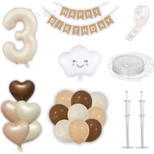 Parti Furyası 3 Üç Yaş Parti Retro Doğum Günü Seti; Krem Rakam Folyo,kraft Banner,3 Lü Kalp Folyo ve 60 Adet Lateks Balon Lüks Set