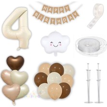 Parti Furyası 4 Dört Yaş Parti Retro Doğum Günü Seti; Krem Rakam Folyo,kraft Banner,3 Lü Kalp Folyo ve 60 Adet Lateks Balon Lüks Set