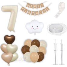 Parti Furyası 7 Yedi Yaş Parti Retro Doğum Günü Seti; Krem Rakam Folyo,kraft Banner,3 Lü Kalp Folyo ve 60 Adet Lateks Balon Lüks Set