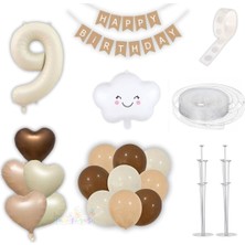 Parti Furyası 9 Dokuz Yaş Parti Retro Doğum Günü Seti; Krem Rakam Folyo,kraft Banner,3 Lü Kalp Folyo ve 60 Adet Lateks Balon Lüks Set