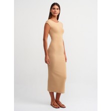 Dilvin 91097 Vücuda Oturan Elbise-Bej