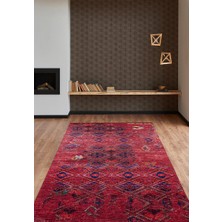 Klasik Kırmızı Salon&yolluk Dijital Baskılı Makinede Yıkanabilir Kaymaz Taban Saçaklı Halı HK096