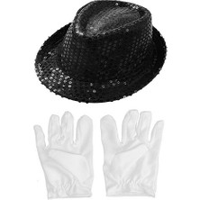 Colezium Colezium15 Siyah Renk Payetli Çocuk Şapkası ve Beyaz Renk Çocuk Eldiveni (Clz)