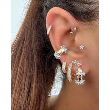 Jerie Gold Özel Seri Pirinç Kaplama Zirkon Baget Taşlı Earcuff Kıkırdak Küpe