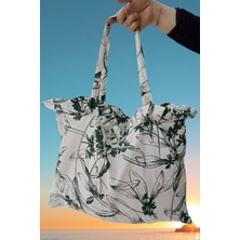 Emtory Home 40X50 Yeşil Çiçekli Keten Çok Amaçlı Çanta - Günlük Çanta - Plaj Çantası