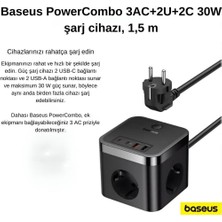 Baseus 7in1 Masaüstü Şarj Istasyonu 30W 1.5mt  2 Usb, 2 Type-C Giriş ve 3 220V Ac Priz Çoğaltıcı