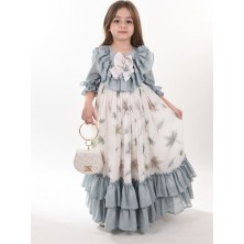 Mialora Exclusive Özel Tasarım Yaprak Desenli Kız Çocuk Uzun Elbise Çantalı Kız Çocuk Mezuniyet Elbisesi