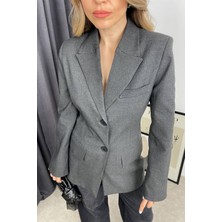 Sue Store Antrasit Vatkalı Düğmeli Astarlı Blazer Ceket