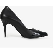 Grasyano Hakiki Deri Stiletto Siyah Topuklu Ayakkabı - 9 Cm İnce Topuk Sivri Burun - El İşçiliği Rugan Detaylı Premium Yumuşak Deri GRS001-SH