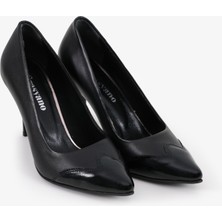 Grasyano Hakiki Deri Stiletto Siyah Topuklu Ayakkabı - 9 Cm İnce Topuk Sivri Burun - El İşçiliği Rugan Detaylı Premium Yumuşak Deri GRS001-SH