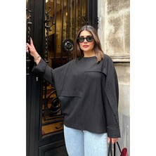 New Laviva Kadın Siyah Geniş Manşet Yarasa Kol Süs Cep Detaylı Salaş Bluz