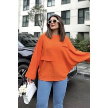 New Laviva Kadın Turuncu Geniş Manşet Yarasa Kol Süs Cep Detaylı Salaş Bluz