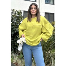 New Laviva Kadın Sarı Geniş Manşet Yarasa Kol Süs Cep Detaylı Salaş Bluz