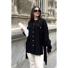 New Laviva Kadın Siyah Balon Kol, Pileli, Yırtmaçlı, Oversize, Keten Tunik Gömlek