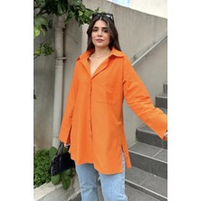 New Laviva Kadın Turuncu Terikoton Kumaş, Yırtmaçlı, Rahat Uzun Gömlek