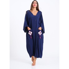 Keyifli Moda Kadın Lacivert V Yaka Omuzu Pencereli Cepleri Ve Sırtı Aplike Nakışlı Püsküllü Oversize Uzun Gömlek Elbise