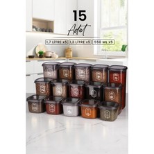 Kitchen Life 15'li Etiketli Square Kare Erzak Saklama Kabı Seti X5(550ML-1200ML-1750ML) Sert Kapaklı Kavanoz
