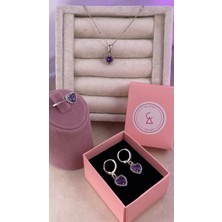 Alsem Gümüş Kalp Temalı Kolye Yüzük Bileklik Küpe Set , Özel Tasarım Pembe Kalp Işlemeli Gümüş Set