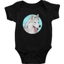 Darkhane Mavi Gözlü Sibirya Kurdu Husky Haski Siyah Unisex Bebek Body - Zıbın