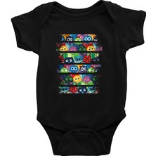 Darkhane Rengarenk Baykuşlar Siyah Unisex Bebek Body - Zıbın