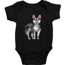 Darkhane Gökkuşağı ve Sibirya Kurdu Husky Haski Siyah Unisex Bebek Body - Zıbın