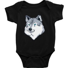 Darkhane Mavi Gözlü Köpek Sibirya Kurdu Husky Haski Siyah Unisex Bebek Body - Zıbın
