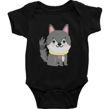 Darkhane Sevimli Sibirya Kurdu Husky Haski Siyah Unisex Bebek Body - Zıbın