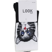 Look Socks Yavru Kedi Desenli Siyah Kolej Çorap