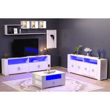 Demonte Decor Klein LED Aydınlatmalı ,spot Işıklı  Tv Ünitesi, Orta Sehpa ve Konsol Salon Takımı Beyaz-Altın