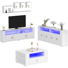 Demonte Decor Klein LED Aydınlatmalı ,spot Işıklı  Tv Ünitesi, Orta Sehpa ve Konsol Salon Takımı Beyaz-Altın