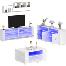 Demonte Decor Klein LED Aydınlatmalı ,spot Işıklı  Tv Ünitesi, Orta Sehpa ve Konsol Salon Takımı Beyaz-Altın