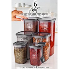 Kitchen Life 6'lı Etiketli Kare Erzak Saklama Kabı ve Kaşıklı Baharatlık Seti (1750ML + 1200ML + 450 Ml)