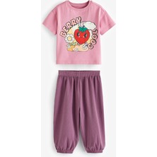 Next Baby Kız Çocuk  Pamuk Çilek Baskılı Mor  T-Shirt - Jogger Seti