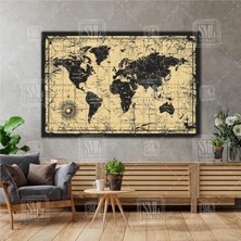 SML Tablo Sanatsal Dünya Haritası Sarı Siyah Yatay Kanvas Tablo