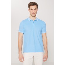 AC&Co / Altınyıldız Classics Erkek Çekmeyen Pamuklu Kumaş Slim Fit Dar Kesim Mavi Kıvrılmaz Polo Yaka Tişört