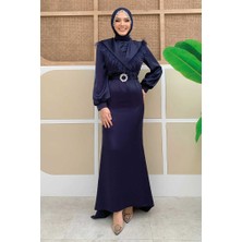 Bym Fashion Tüylü Kuyruklu Kemer Aksesuarlı Saten Abiye Elbise 3869 Lacivert