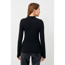 BiPantolon Kadın Siyah Parmak Detaylı Body