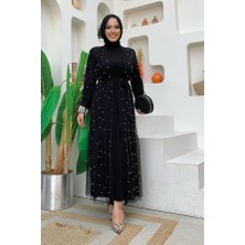 Bym Fashion İncili Abaya Ve Elbise Takım 8491 Siyah