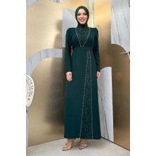 Bym Fashion Taşlı Krep Dantel Elbise 3870 Zümrüt