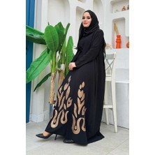Bym Fashion Etek Kısmı Desenli Elbiseli Abaya Takım 8495 Siyah