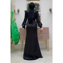 Bym Fashion Tüylü Kuyruklu Kemer Aksesuarlı Saten Abiye Elbise 3869 Siyah