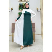 Bym Fashion Tek Omuz Fiyonk Apoletli Çift Renk Elbise 3862 Zümrüt-Ekru