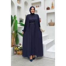 Bym Fashion Bel Bilek Kısımları Taşlı Elbiseli Abaya Takım 8490 Lacivert
