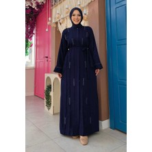 Bym Fashion Boncuk İşlemeli Tam Boy Ferace 7894 Lacivert